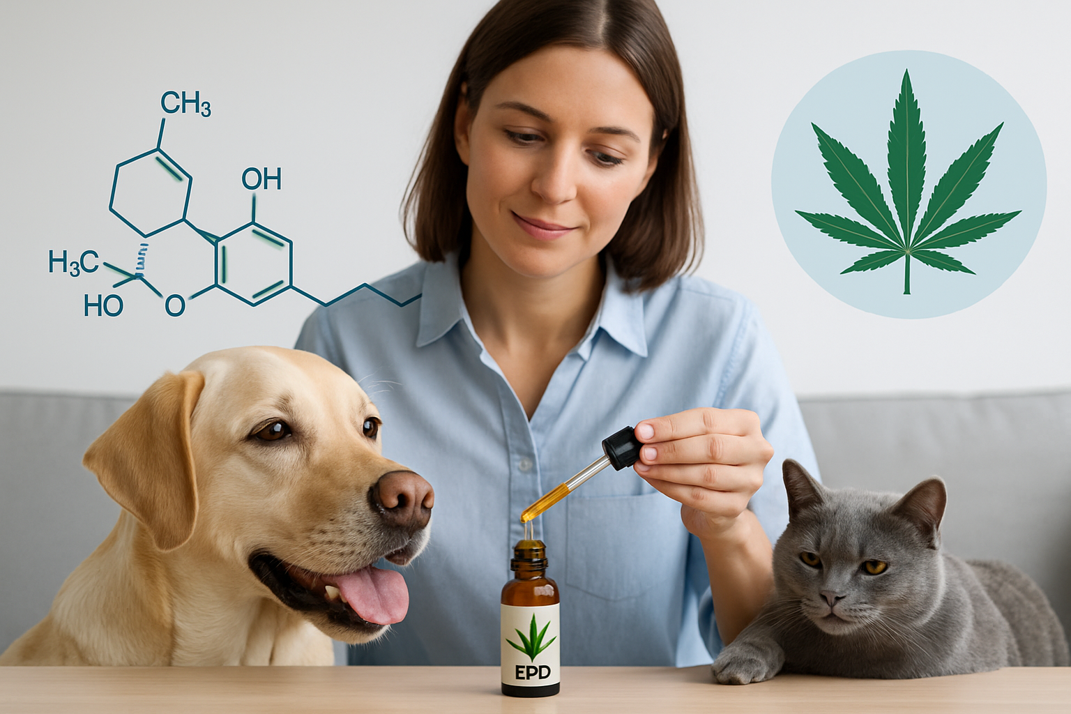 Hund und Katze neben CBD-Ölflasche, symbolisiert Cannabinoide für Haustiere