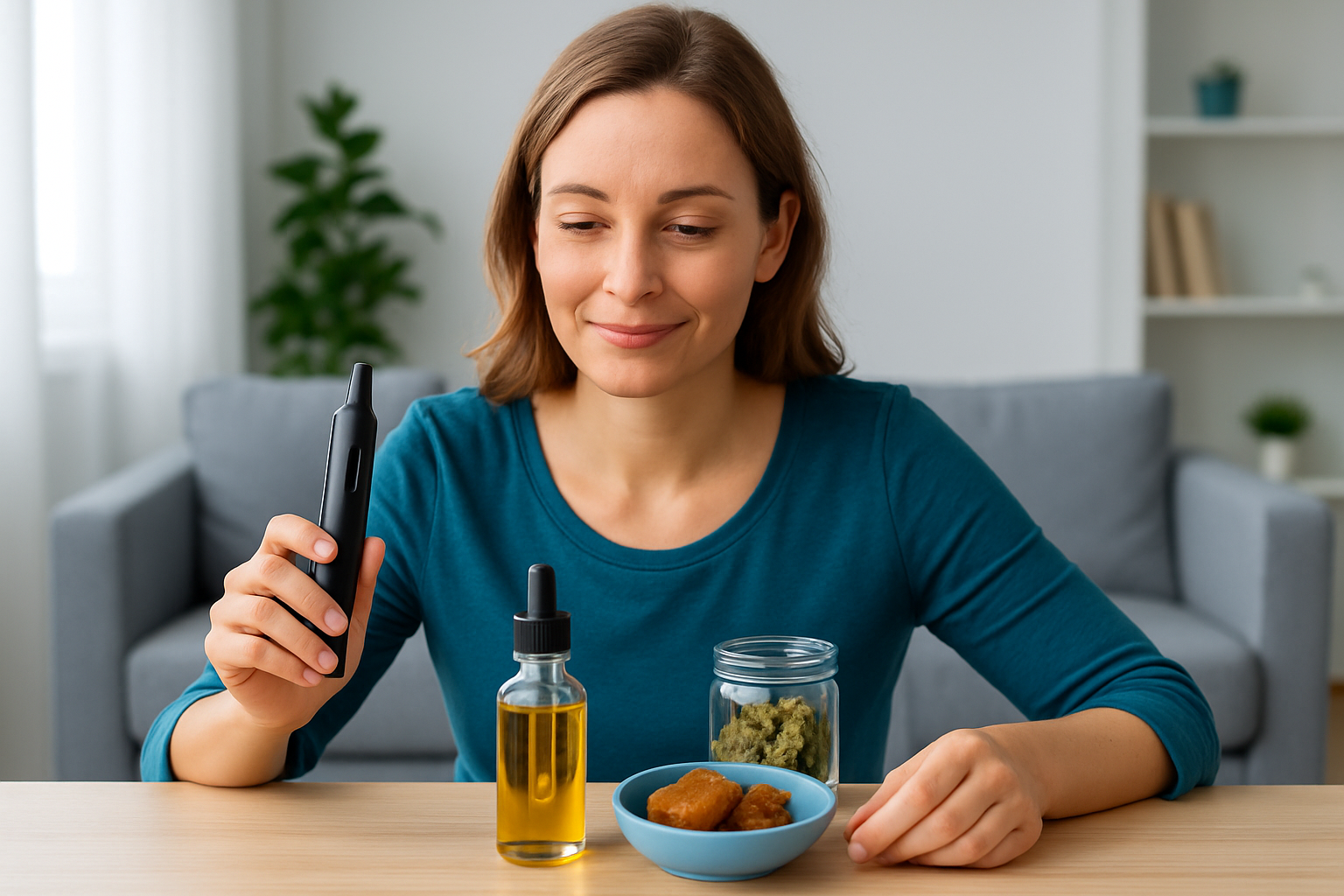 Verschiedene Konsumformen von Cannabinoiden: Vaporizer, Ölflasche, Kapseln und Edibles auf natürlichem Hintergrund