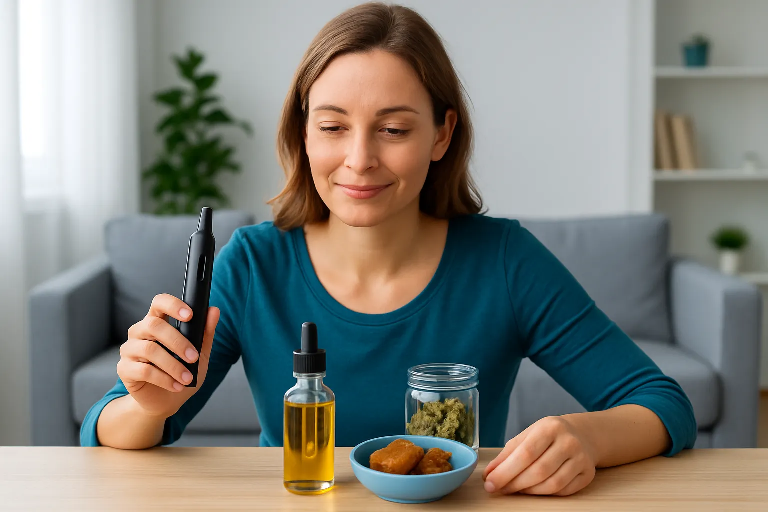 Verschiedene Konsumformen von Cannabinoiden: Vaporizer, Ölflasche, Kapseln und Edibles auf natürlichem Hintergrund